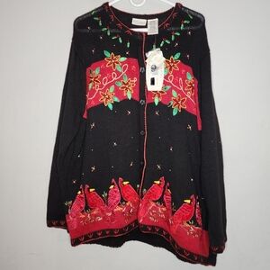 NWT White Stag Cardinal Embroidered Embellished Black Knit Cardigan 22/24 3X